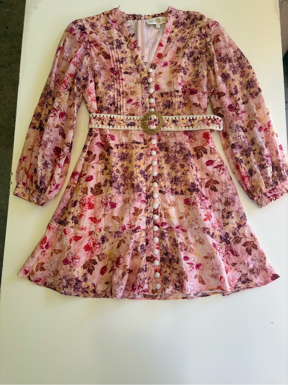 Anna  Cate Pink Floral Button-Front Dress with Embellished Belt